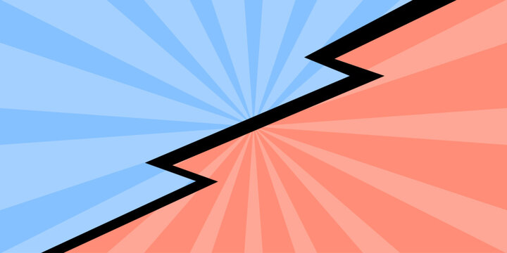 Abstract split sunburst background with blue and coral rays divided by bold zigzag shape. Dynamic geometric design for banners, posters, and modern layouts.