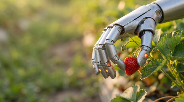 Robotic Hand Harvesting Fresh Ripe Strawberry from Green Plant in Sunlit Field