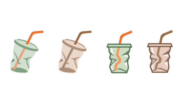 Four crumped single use disposable plastic cups with straws illustration disposable pollution crumpled recycling environment environmental illustration conservation discarded