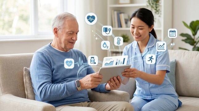 Caregiver assisting senior man with a tablet showing health app icons in a living room, focusing on elderly care, remote monitoring, and digital healthcare solutions for aging.