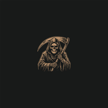 Grim Reaper Skull Mascot Logo in Vintage Engraving Style Vector Illustration