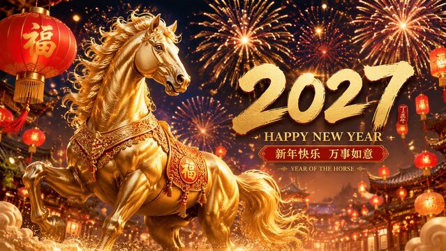 Golden horse standing amid lanterns and 2027 fireworks street festival