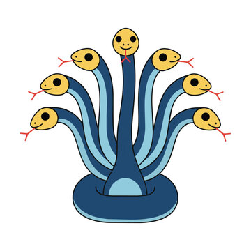 Minimalist line art of a seven-headed mythical serpent with slender necks and simple circular eyes isolated on a white background, fantasy mythology concept