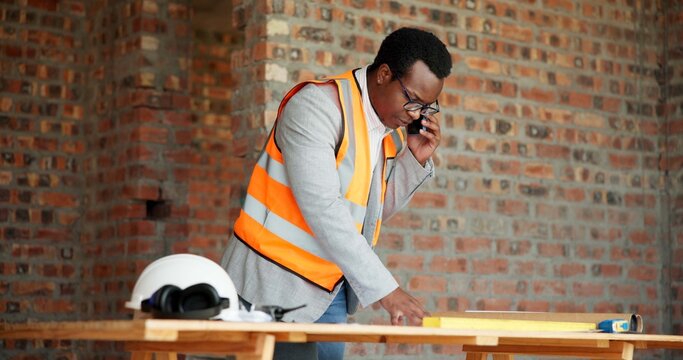 Architect, blueprint or man with phone call for construction, confirm design or project update. Architecture, black person and floor plan with mobile talk for status reporting, feedback and site chat