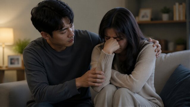 Man comforting woman crying on couch in living room