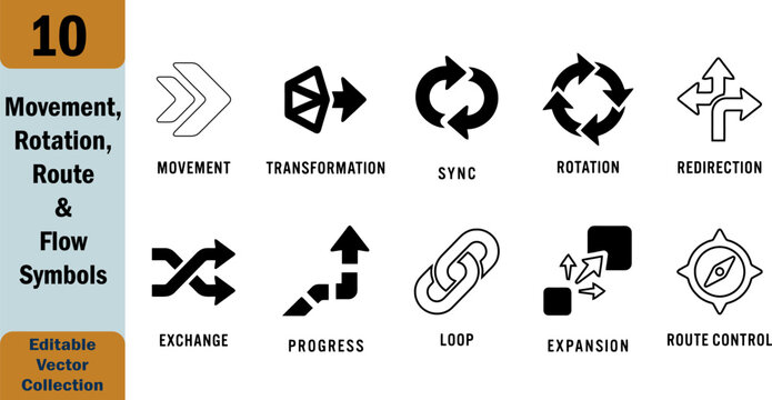 10 Abstract Navigation Direction Icons Set &ndash; Editable Vector Collection for Movement, Rotation, Route and Flow Symbols