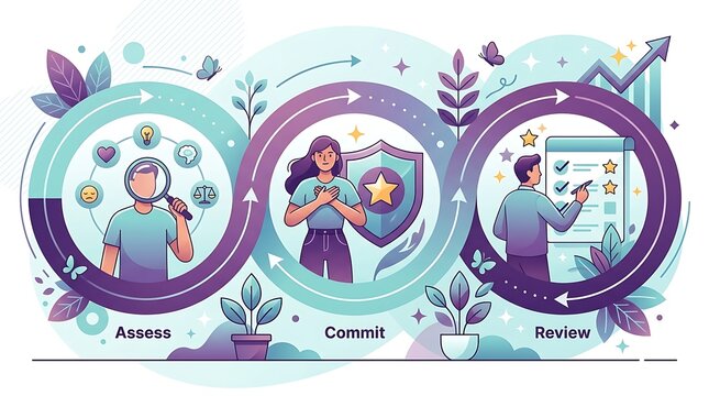Strategic workflow showing assess commit and review stages