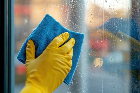 Gloved hand wearing yellow rubber glove wiping water-speckled window with blue microfiber cloth, leaving clear glass and conveying fresh, diligent household care