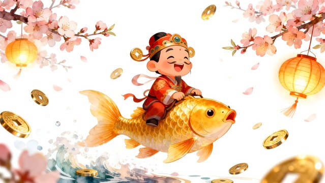 Child on golden fish with coins and lanterns