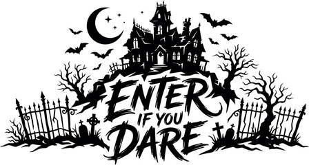 Obraz premium Happy helloween day spooky haunted house illustration with bats and creepy cemetery scene
