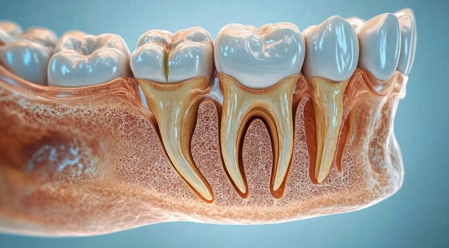 Cross-sectional 3D medical illustration of lower molars and premolars showing enamel, dentin, pulp canals, roots, gums and spongy jaw bone with clinical clarity