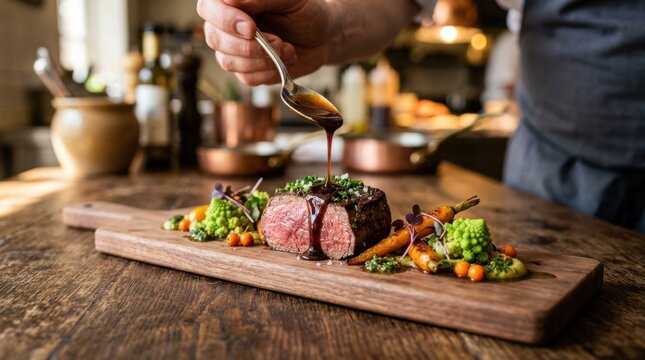 Chef meticulously drizzles rich sauce onto a perfectly cooked gourmet beef steak with roasted vegetables, showcasing exquisite fine dining presentation.