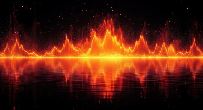 glowing fiery waveform peaks reflected on rippling water under a dark sky with rising sparks, dramatic intense luminous energy