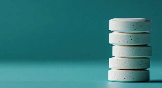 stack of five speckled white tablets on teal surface with soft shadow, minimalist clinical composition conveying calm and orderly serenity