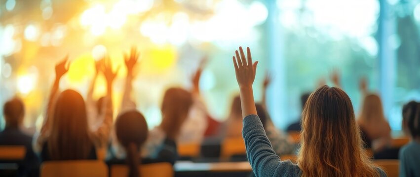 students in a sunlit classroom raising hands in enthusiastic participation during a lecture