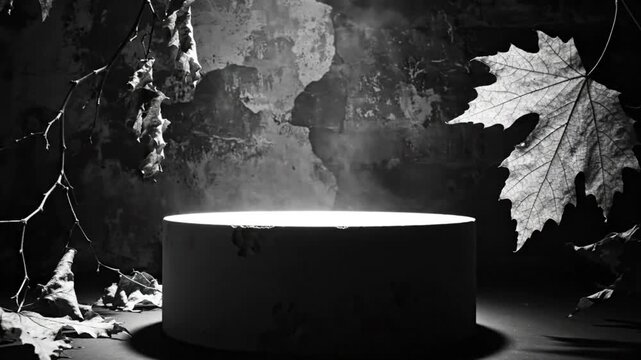 Mysterious illuminated cylindrical platform in dark scenery with leaves and fog in black and white