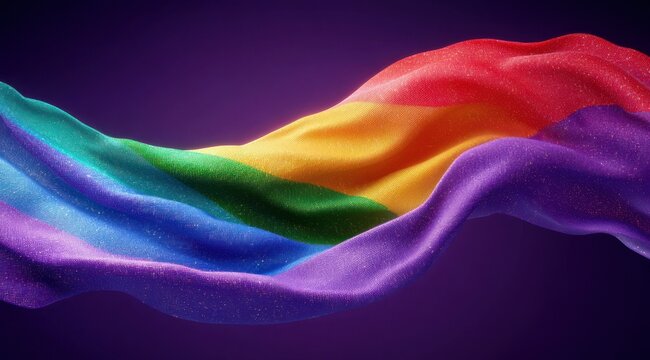 flowing glittering rainbow silk ribbon with sparkling texture on deep purple background, graceful and uplifting