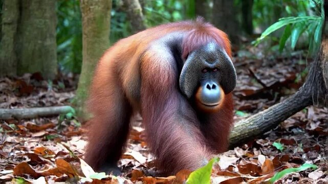Large male primate with long reddish-brown fur in dense tropical foliage