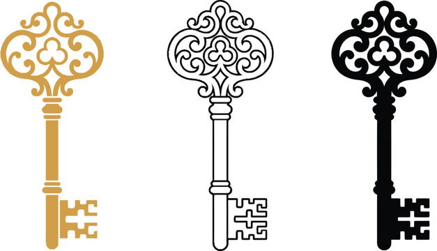 Set of three decorative vintage keys in gold outline and solid black styles.