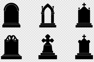 Obraz premium Gothic tombstone silhouettes set, 6 cemetery gravestone icons in black, spooky graveyard headstone vector collection for Halloween design