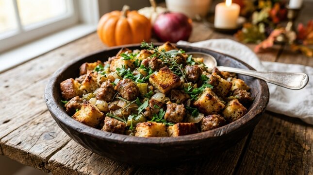 Hearty homemade sausage and herb stuffing served in a rustic wooden bowl, a delicious Thanksgiving holiday side dish.