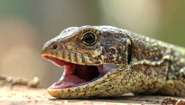 Closeup of lizard with open mouth.