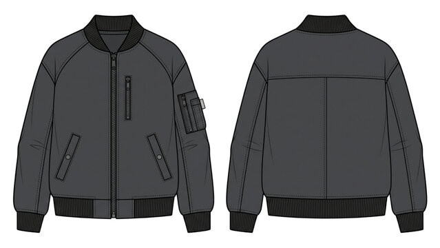 Women's Bomber Jacket Technical Flat Vector Illustration, Front and Back Views, Streetwear Outerwear CAD Design, Modern Apparel Line Art Template, Isolated on White Background