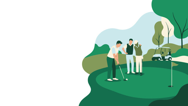 Three men playing golf on a sunny putting green.