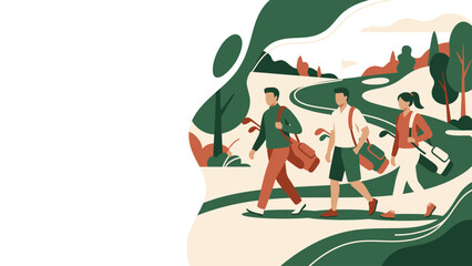 Fototapeta premium Group of friends hiking along a stylized scenic countryside trail.