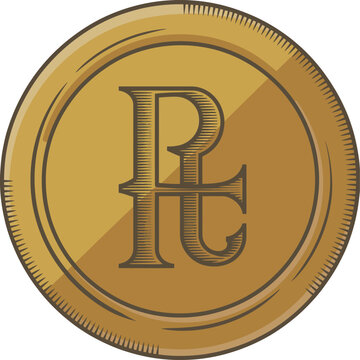 Flat of a circular gold coin featuring a stylized, engraved-style letter p and c monogram symbol in the center