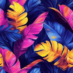 vibrant tropical leaves pattern in neon pink, yellow and deep blue with bold painterly brushstrokes conveying an energetic, exuberant mood © Jdgkxbnc