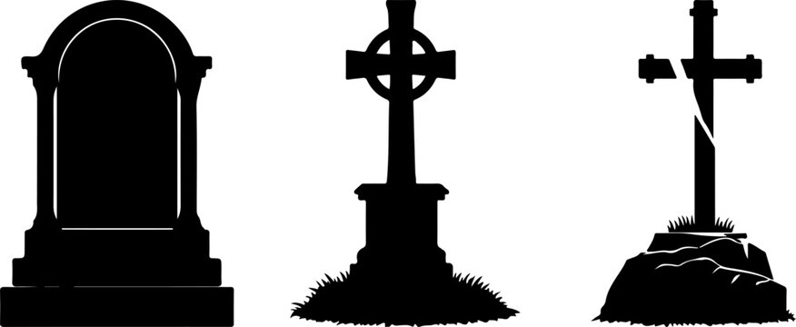 Gothic gravestone silhouettes and cemetery cross icons, set of 3 spooky tombstone vectors, black graveyard headstone elements for Halloween