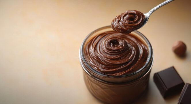 glass jar of glossy chocolate hazelnut spread with creamy swirls and spoon lifted above, chocolate squares and a hazelnut on a warm background, indulgent and tempting