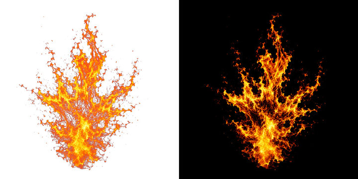 Explosive fire burst effect with many sparks and embers isolated on transparent and black backgrounds for dynamic motion graphics.