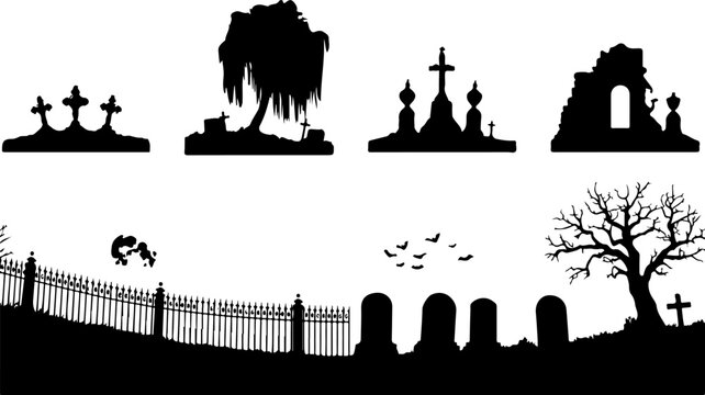 Spooky cemetery silhouette collection, haunted graveyard landscape elements with tombstones and crosses, creepy Halloween vector set with bats and dead trees