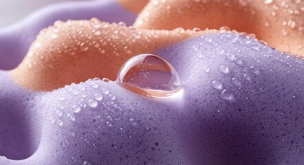 Fototapeta premium Macro close-up of a clear water droplet resting on a soft purple textured surface with peach undulating mounds and scattered condensation, calm and refreshing mood