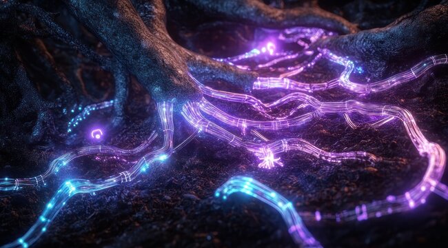 glowing purple and blue fiber-like circuits winding through gnarled tree roots and dark soil, emitting ethereal futuristic light and a mysterious organic-technology atmosphere