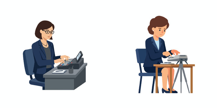 Minimalist flat design of a court stenographer typing on a stenotype machine, simple character illustration, no outline, clean vector art, white background.