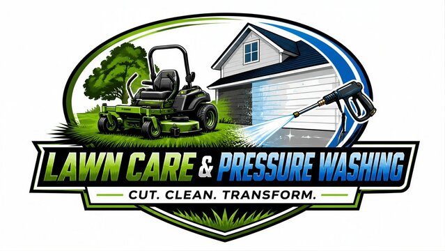 Lawn care and pressure washing emblem with equipment graphics