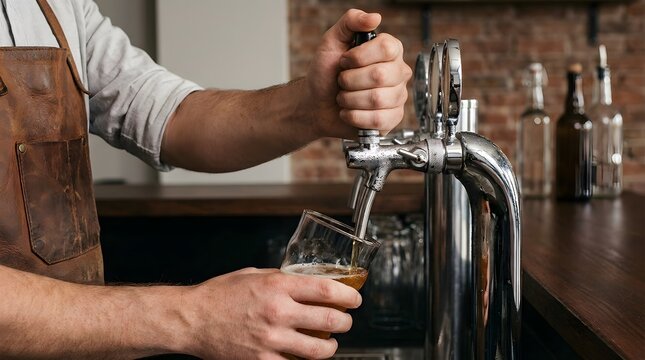 Bartender pouring fresh draft beer from tap for International Beer Day celebration.