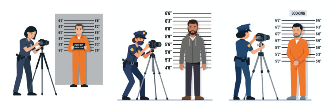 A police officer setting up a camera to take a mugshot of a suspect standing against a height chart. Flat design, minimalist, vector illustration, no outline, white background.
