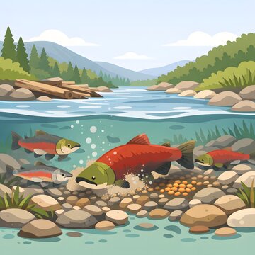 Salmon Spawning in Restored River Habitat with Clear Water and Natural Ecosystem Conservation