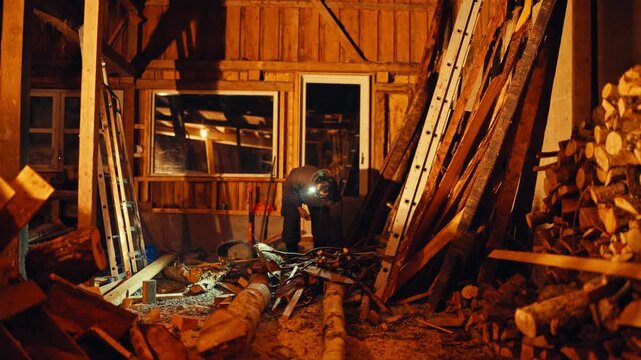 Man Wearing A Headlamp Inside The Rustic Wooden Shed With Firewood Stacked. Static Shot
