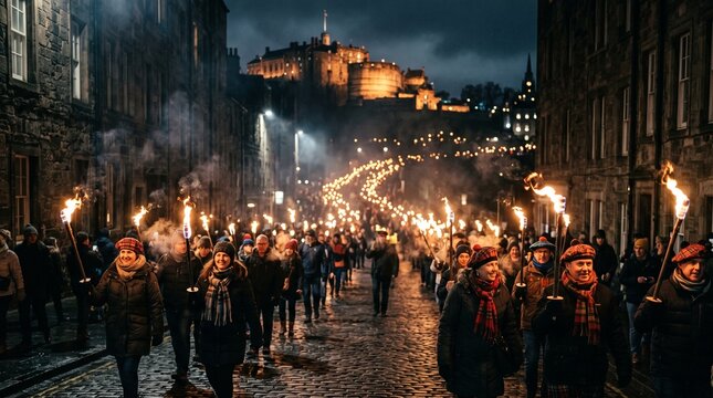 A large crowd of people marching down a cobblestone street at night, holding torches and wearing warm clothing, with a castle in the background under a dark sky, conveying a sense of festival and