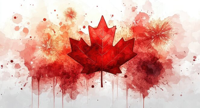 red maple leaf with watercolor splashes, dripping paint and golden burst effects on white background, festive celebratory mood