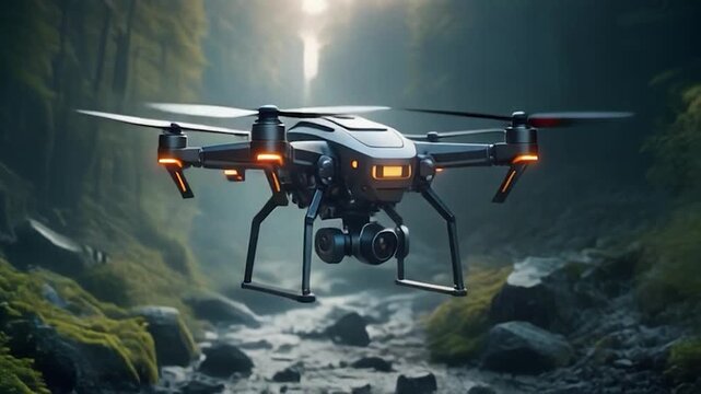 Unmanned aerial vehicle hovering above rugged natural terrain with blurred background
