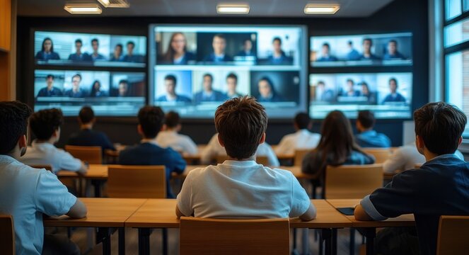 Students seated at desks in a modern classroom watching a wall of large screens showing multiple video conference participants, focused and engaged