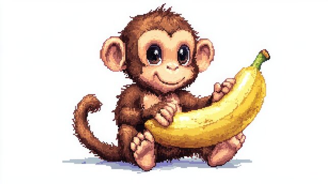 pixel art baby monkey with blurred face happily hugging a giant ripe banana, sitting with curled tail on a white background, playful and adorable