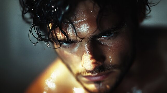 close-up portrait of a young man with wet hair and water droplets on his skin, intense brooding gaze and dramatic low-key lighting