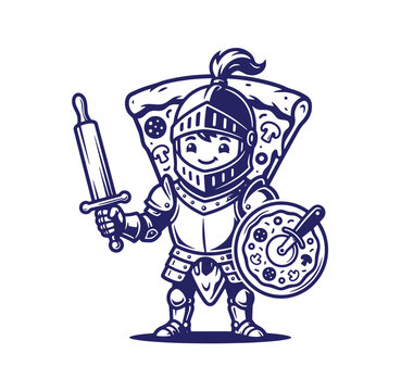 Pizza slice warrior knight character holding rolling pin and pizza cutter shield with character medieval delicious creative restaurant fastfood illustrated whimsical